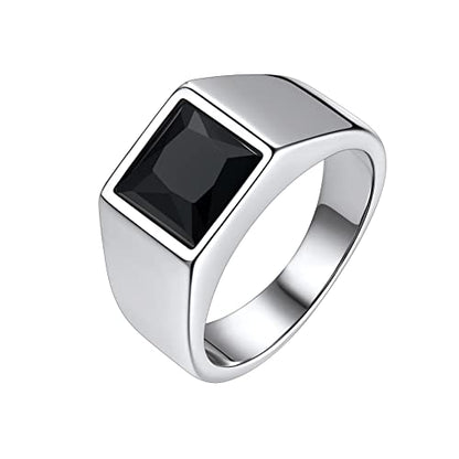 Bestyle Stainless Steel Men Signet Ring-Black/Blue Gemstone Band Ring-Classic Simple Thick Men Ring Size 7-14 - color: 02. 8MM Black Zircon - Steel