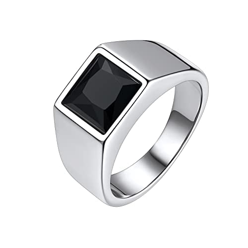 Bestyle Stainless Steel Men Signet Ring-Black/Blue Gemstone Band Ring-Classic Simple Thick Men Ring Size 7-14 - color: 02. 8MM Black Zircon - Steel