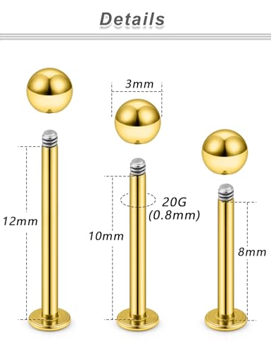 20G 18G 16G 14G 12G Lip Labret Medusa Monroe Rings Studs 316L Surgical Steel Flat Back Tragus Helix Cartilage Earring Stud Piercing Jewelry Bar Length 8mm 10mm 12mm Mix Color 18PCS - color: Gold, size: 20G(0.8mm)-8/10/12mm Bars-3mm Balls