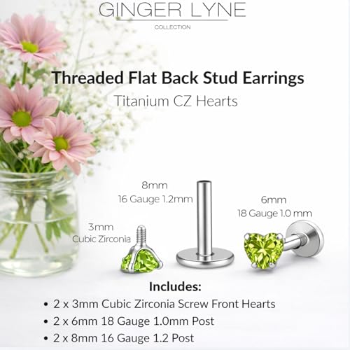 Titanium Heart CZ Labret Stud Earrings for Piercings by Ginger Lyne 6Pc Set G23 Screw Front Flat Back Body Jewelry 2 pair post 6mm, 8mm Cartilage, Helix, Tragus, Lip, Conch, Lobe - color: 3mm-PeridotGreen