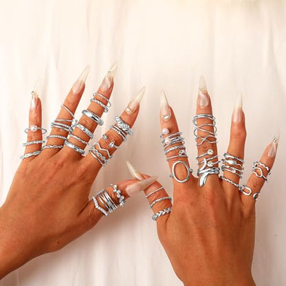 CHICUTIE Gold Knuckle Rings Set For Women Stackable Joint Finger Midi Rings Dainty Cubic Crystal Zirconia Simple Hollow Twist Cute Rings Pack Jewelry Gift - style: 47pcs Silver