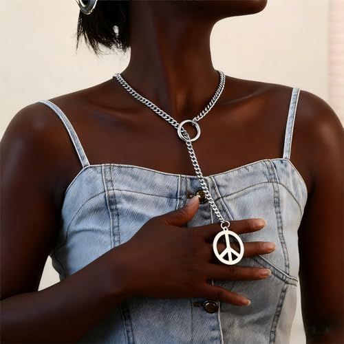 Slip Chain Choker for Women Handmade Black Stainless Steel Cuban Chain Chunky Moon Bat Raven Skull Pendant Gothic Punk Rock Collar Adjustable Lariat Y Necklace for Men - style: peace sign hippie