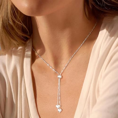 Lariat Necklace for Women, Dainty 14K Gold/Silver Plated Long Necklaces for Women Trendy Simple Layered Y-Shaped Pendant Necklace Adjustable Fashion Jewelry Gift - color: Silver, style: Heart Pendant