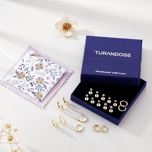 Turandoss 10 Pairs Gold Hoop Earrings for Women | 14K Gold Plated Stud Hoop Earrings, Flat Back, Cartilage Earring Stacks, Multiple Piercing, Hypoallergenic - color: 14K Gold Plated