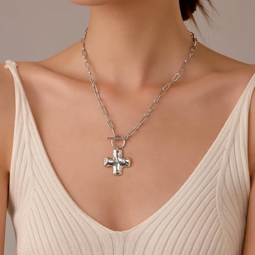 Joxevyia Gold Cross Necklace for Women Hammered Cross Pendant Toggle Clasp Paperclip Chain Statement Choker Bold Faith Jewelry Gift - color: silver cross necklace, size: 20 inches