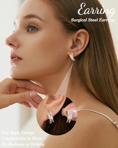 Gold Silver Huggie Hoop Earrings for Women 18K Gold & Sterling Silver Plated Cubic Zirconia Hoop Earrings Double Small Huggie Earring Lightweight Hypoallergenic Trendy Jewelry Gift - color: 01-CZ Gold