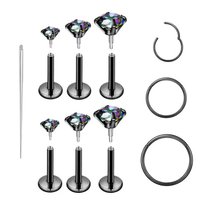 16G 18G Surgical Steel Internal Thread Stud Piercing Jewelry Set Nose Medusa Lip Labret Stud Hypoallergenic Clicker Hoop Septum Rings Cartilage Tragus Helix Conch Earrings for Women Men - color: 18G-6mm-black
