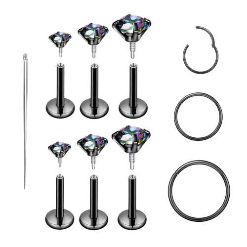 16G 18G Surgical Steel Internal Thread Stud Piercing Jewelry Set Nose Medusa Lip Labret Stud Hypoallergenic Clicker Hoop Septum Rings Cartilage Tragus Helix Conch Earrings for Women Men - color: 16G-8mm-black