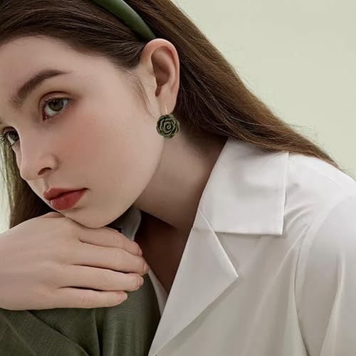 Handmade Bohemian Aesthetic Dainty Acrylic Flower Petal Leverback Earrings Sparkly 14K Gold Floral Dangle Drop Earrings for Women - color: Olive Green