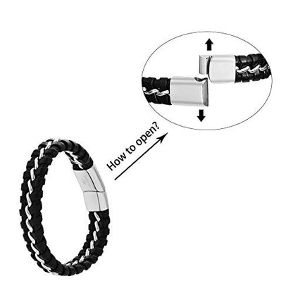 Men's Braided Genuine Leather Wristband Cuff Bracelet - color: Silver