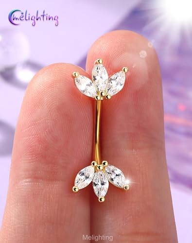 Melighting 14G Gold Lotus Belly Button Ring, Double CZ Navel Ring 316L Surgical Stainless Steel Marquise 5A CZ Steel Belly Bar 8 mm/10 mm - color: Gold, size: 14g10mm