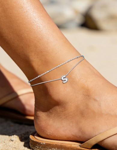 ChainsHouse Initial Ankle Bracelets for Women Waterproof, 14K Gold Plated Layered Initial Anklets Non Tarnish, Adjustable Stainless Steel Women's Ankle Summer Beach Foot Jewelry - color: Stainless Steel, size: Initial S
