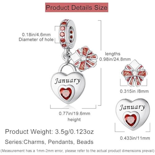 Love Heart Birthstone Dangle Charms Compatible with Pandora Bracelets | 925 Sterling Silver 5A Cubic Zirconia Mother's Day Christmas Birthday Birthstone Gifts Bead Charm Pendants Women Jewelry - color: January Dangle Birthstone Charms