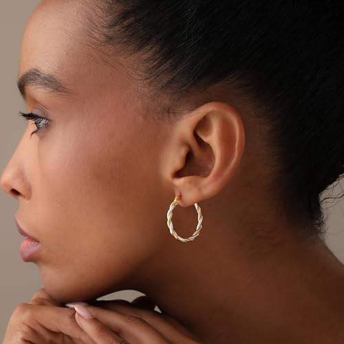 LeCalla Real 925 Sterling Silver Textured Two-Tone Three-Tone 14K Gold Plated Lightweight Italian Design Hoop Earrings for Women Diameter 25,30,40,45,50mm - color: Two-Tone Small-25mm