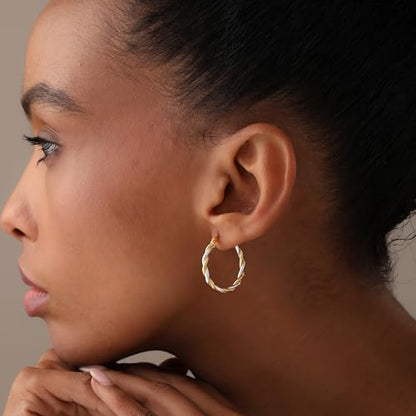 LeCalla Real 925 Sterling Silver Textured Two-Tone Three-Tone 14K Gold Plated Lightweight Italian Design Hoop Earrings for Women Diameter 25,30,40,45,50mm - color: Two-Tone Small-25mm