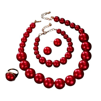 Large Big Simulated Pearl Adjustable Chain Necklace Bracelet Dangling Earrings Ring for Women Jewelry Set Imitation Dainty Elegant Wedding Party Birthday - color: red