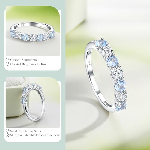 3.5mm Stackable Rings S925 Sterling Silver Created Birthstone & Cubic Zirconia Ring for Women Wedding Bands Anniversary Birthday Jewelry Size 6 to 10(with Box) - color: 03-Created Aquamarine & CZ-Mar