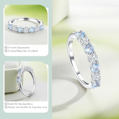 3.5mm Stackable Rings S925 Sterling Silver Created Birthstone & Cubic Zirconia Ring for Women Wedding Bands Anniversary Birthday Jewelry Size 6 to 10(with Box) - color: 03-Created Aquamarine & CZ-Mar