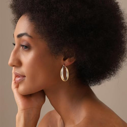 LeCalla 925 Sterling Silver Chunky Hoop Earrings | 14K Two-Tone Three-Tone Hoop Earrings | Intertwining Oval Shape Polished Twisted Hoop Earrings for Women - color: Chunky Two-Tone with Customized Box