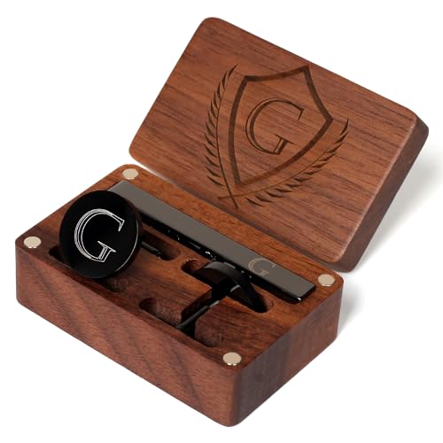Mens Initial Cufflinks and Tie Clip A-Z Alphabet Letter Black Stainless Cuff Links Tie Bar with Engraved Walnut Wood Box Groom Groomsman Wedding Set - style: Classic-G