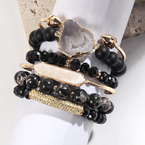 Yomisa 5PCS 6PCS Natural Boho Beaded Bracelets/Bangle for Women Men,Healing Turquoise Jasper Agate Crystal Gemstone Stone Chakra Multilayer Wrap Bohemian Handmade Jewelry Beads Stretch Bracelet Set - color: 6PCS-Black