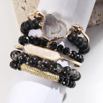 Yomisa 5PCS 6PCS Natural Boho Beaded Bracelets/Bangle for Women Men,Healing Turquoise Jasper Agate Crystal Gemstone Stone Chakra Multilayer Wrap Bohemian Handmade Jewelry Beads Stretch Bracelet Set - color: 6PCS-Black