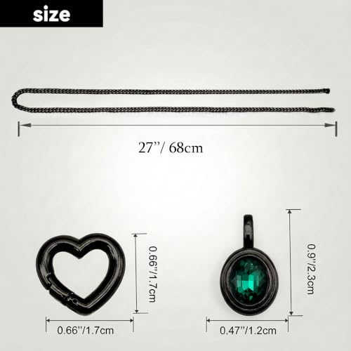 Heart Slip Chain Necklace for Women, Cuban Chain with Removable Heart O-Ring and Crystal Pendant, Adjustable Y Lariat Necklace - color: Black-Green-27
