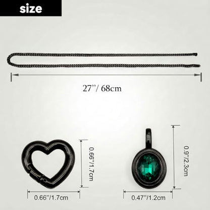 Heart Slip Chain Necklace for Women, Cuban Chain with Removable Heart O-Ring and Crystal Pendant, Adjustable Y Lariat Necklace - color: Black-Green-27
