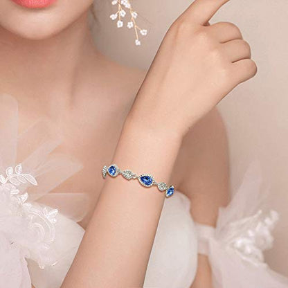 EleQueen Women's Wedding Bridal Jewelry Sets for Brides Bridesmaids, Cubic Zirconia Teardrop Necklace Tennis Bracelet Dangle Earrings Jewellery Set - color: 02-Sapphire Color Clear-Tone