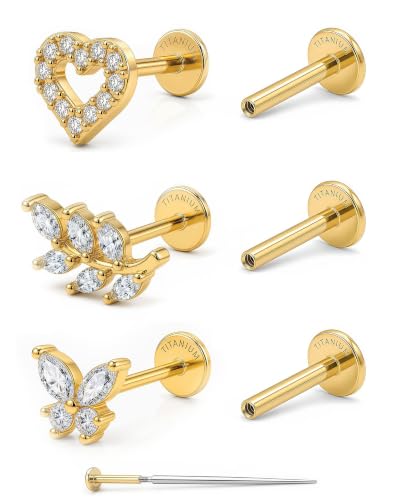 YACHY ASTM F136 G23 Titanium Flat Back Stud Earrings, Internally Threaded Screw-On Hypoallergenic Body Piercing Jewelry for Everyday Wear, Tragus Helix Conch Monroe Medusa Lip, 18G 6mm 8mm - color: Blooming Love--3pcs+3bar--Gold, size: 6mm+8mm