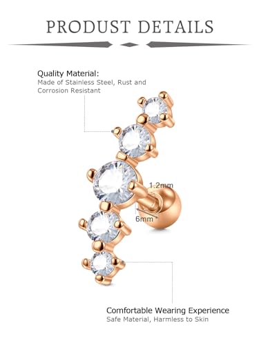1pc 16G Cartilage Helix Tragus Earrings Jewelry Stainless Steel 6mm Earring Stud Flat & Ball Back Stud Earrings for Women - style: B -ball back, rose gold
