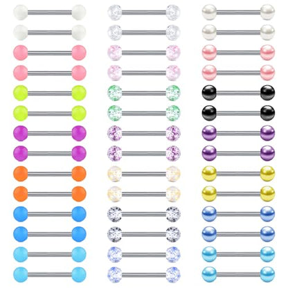 VCMART 12mm-18mm 14G Tongue Rings Nipple Straight Barbells Surgical Steel Body Piercing Jewelry - style: Style F -42pcs