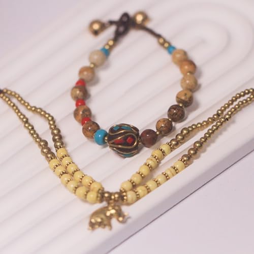 Petite Adjustable Boho Bracelet for Small Wrists 6-7.5 Inch - Handmade Nepalese Buddhist Prayer Bracelet with Elephant Charm, Brass Bell, Turquoise Stone & Tibetan Mantra Beads, Spiritual Lucky Gift - color: Yellow-2Pcs