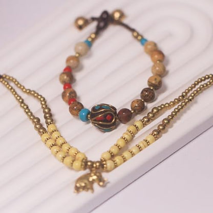 Petite Adjustable Boho Bracelet for Small Wrists 6-7.5 Inch - Handmade Nepalese Buddhist Prayer Bracelet with Elephant Charm, Brass Bell, Turquoise Stone & Tibetan Mantra Beads, Spiritual Lucky Gift - color: Yellow-2Pcs