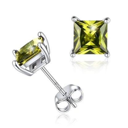 ChicSilver 925 Sterling Silver Earrings Sparkling Heart/Round/Princess Cut Birthstone Earrings for Women Birthday Jewelry with Gift Box - style: A.August(Peridot)-Princess Cut