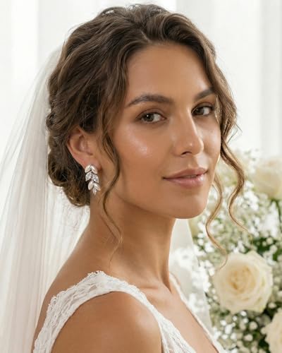 Pearl Earrings - 14K Gold/White Gold/Rose Gold Plated Cubic Zirconia CZ Diaomond Accented Pearl Drop Dangle Earrings for Women Wedding Bridal Prom - color: Silver leaf design