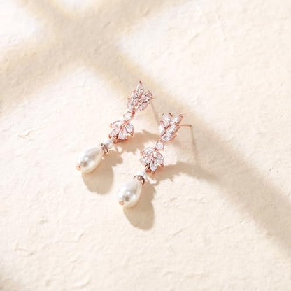 Crysdue Simulated Pearl Earrings for Women, Dainty Silver/Gold/Rose Gold Plated Cubic Zirconia Drop Dangle Earrings Wedding Jewelry for Bride Bridesmaid - style: H_Pearl, Silver