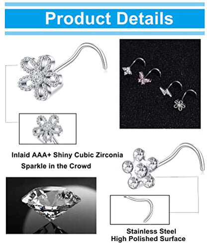 9Pcs Nose Rings Stud L Bone Screw Shaped Nose Ring Flower CZ Snowflake Butterfly Screw Nose Stud Body Piercing Jewelry for Women Men 20G Silver Gold Rose Gold Tone - color: G:Silver Tone&Screw Shaped