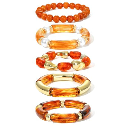 GOOJIDS Simple Beaded Gold Plated Bangles Bracelet Chunky Bamboo Tube Curved Stacking Clear Acrylic Colorful Beads Stretchable Gold Plated Bracelets Set For Women - color: S-Brown 5pc Set