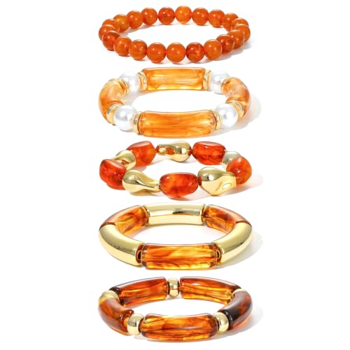 GOOJIDS Simple Beaded Gold Plated Bangles Bracelet Chunky Bamboo Tube Curved Stacking Clear Acrylic Colorful Beads Stretchable Gold Plated Bracelets Set For Women - color: S-Brown 5pc Set