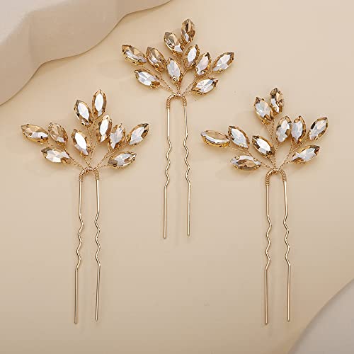 Teyglen 3pcs Bridal Crystal Hair Pins Rhinestones Hair Pieces Simple Crystal Wedding Hair Accessories Handmade Hair Pins for Women Bride(Champagne) - color: Champagne