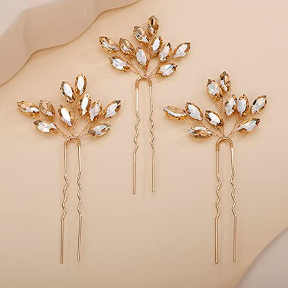 Teyglen 3pcs Bridal Crystal Hair Pins Rhinestones Hair Pieces Simple Crystal Wedding Hair Accessories Handmade Hair Pins for Women Bride(Champagne) - color: Champagne