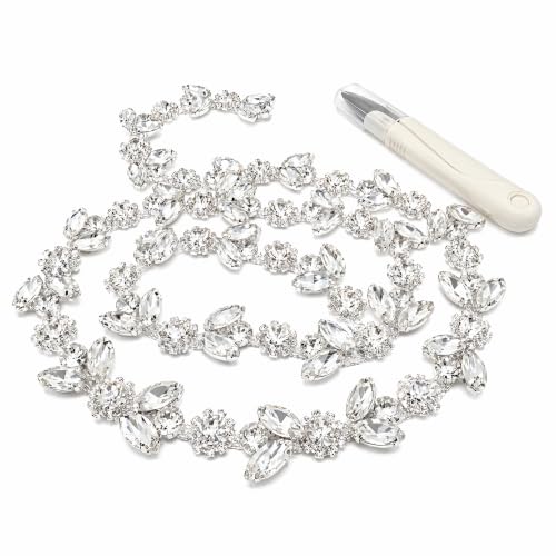 3FT Silver Rhinestone Chain Trim, Sew-On Applique for Wedding | Glass diamond rhinestone with iron base, 2cm wide, includes craft scissors, for bridal dress, cake decor, DIY sewing - color: silver