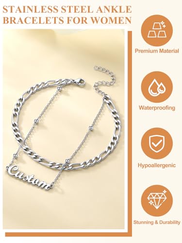 Custom4U Custom Name Anklet Bracelets for Women Waterproof Beaded/Figaro/Cuban/Rope/Wheat Chain Anklet Stackable Gold Plated Non Tarnish Custom Beach Gift Barefoot Summer Jewelry for Her - color: C02-Silver Figaro Chain