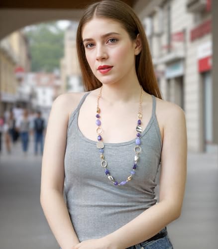Long Gold Boho Necklaces for Women Beaded Statement Chain Long Necklace Gold Costume Jewelry Birthday Gifts for Her - color: 93-Dark Blue