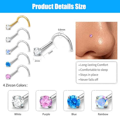 20G Nose Rings for Women, L Shaped Nostril Piercing Studs | 316L Stainless Steel, 0.8 mm×7 mm, 2 mm CZ or 3-4 mm Heart, Star, Moon and Cross, Gold-Tone or Silver-tone, Daily Wear - style: Style B