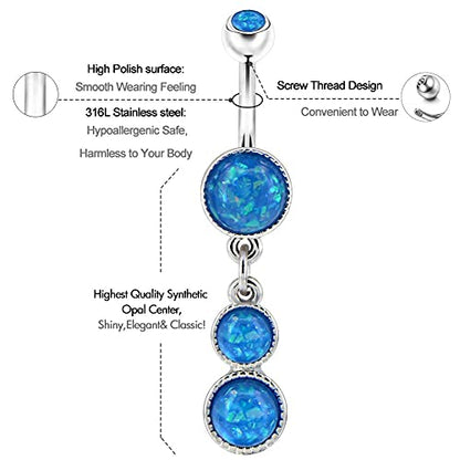 Cute Dangly Opal Belly Button Rings 14g 316L Stainless Steel Dangle Navel Rings for Women Belly Button Piercing Dangling Navel Bar - color: Blue Opal