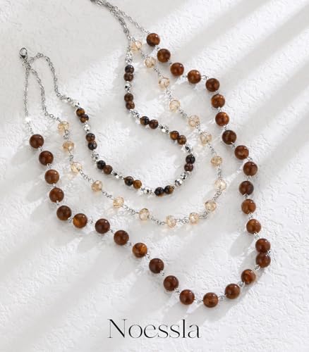 Noessla Layered Beaded Necklaces for Women - 3 Strand Boho Statement Choker Fashion Jewelry Gifts - color: Brown