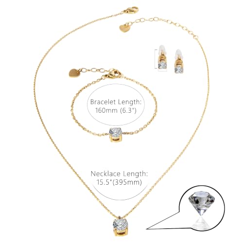 14K Gold Plated Jewelry for Women Sets, Earrings Necklace Bracelets Hypoallergenic 316L Stainless Steel Round Cubic Zirconia Jewelry Sets, CZ Jewelry Sets, Birthday Valentine's Day Gifts Her