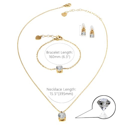 14K Gold Plated Jewelry for Women Sets, Earrings Necklace Bracelets Hypoallergenic 316L Stainless Steel Round Cubic Zirconia Jewelry Sets, CZ Jewelry Sets, Birthday Valentine's Day Gifts Her